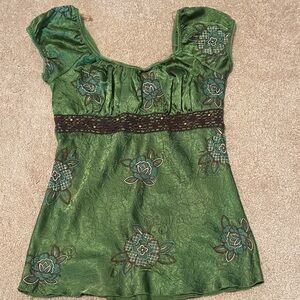 Heart Soul Green Floral Top with Lace Accent